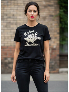 Harley-Davidson Short Sleeve Tee Size M (18” PTP) Black White Rose